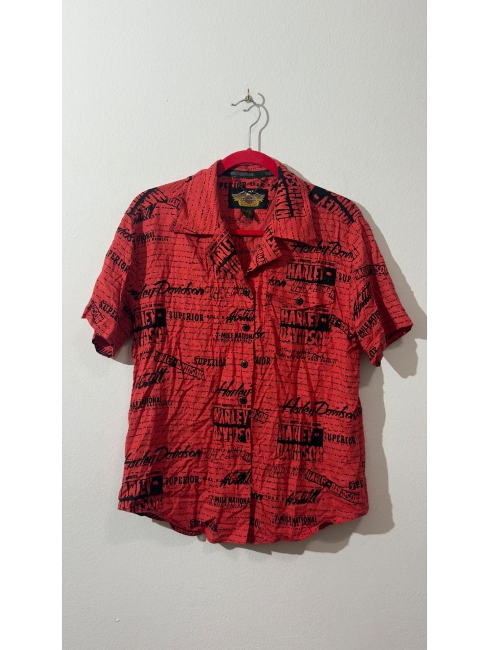 Harley Davidson orange short sleeve button down, black writing - womens